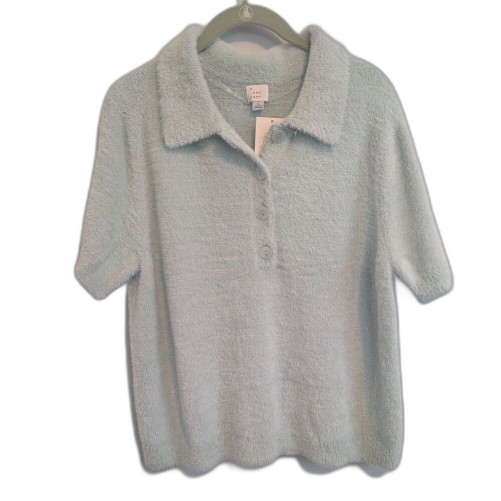 A New Day Women's Short Sleeve Sweater Polo Collar Fuzzy Light Green Shirt L